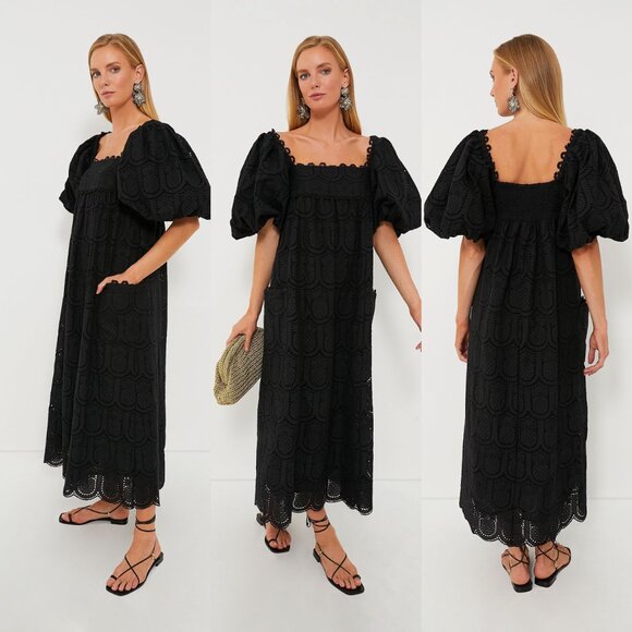 Farm Rio NEW Black Eyelet Pineapple Cotton Puff Sleeve Maxi Dress Size S - Picture 8 of 8